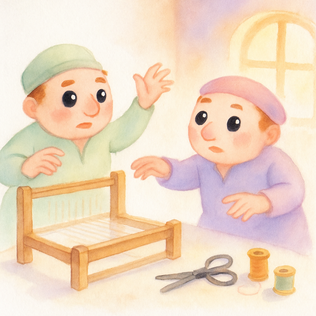 사기꾼들이 빈 방에서 아무것도 없는 허공에 바느질하는 척하며 일하는 척하는 장면